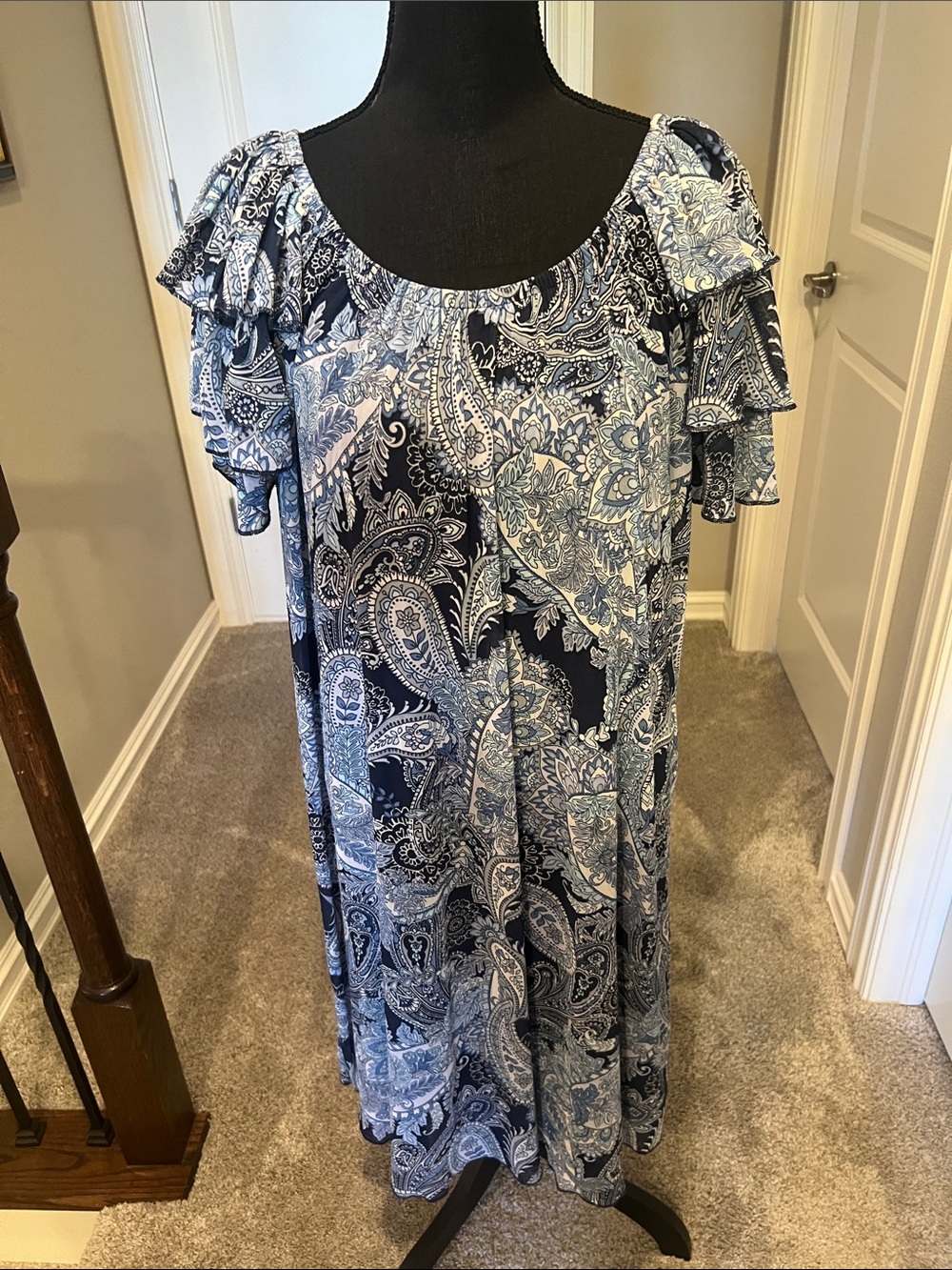 Navy Paisley Midi Dress with Ruffle Sleeves